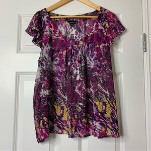 Jessica Petite Multicolour Flutter Sleeve  Abstract Blouse Size XL P